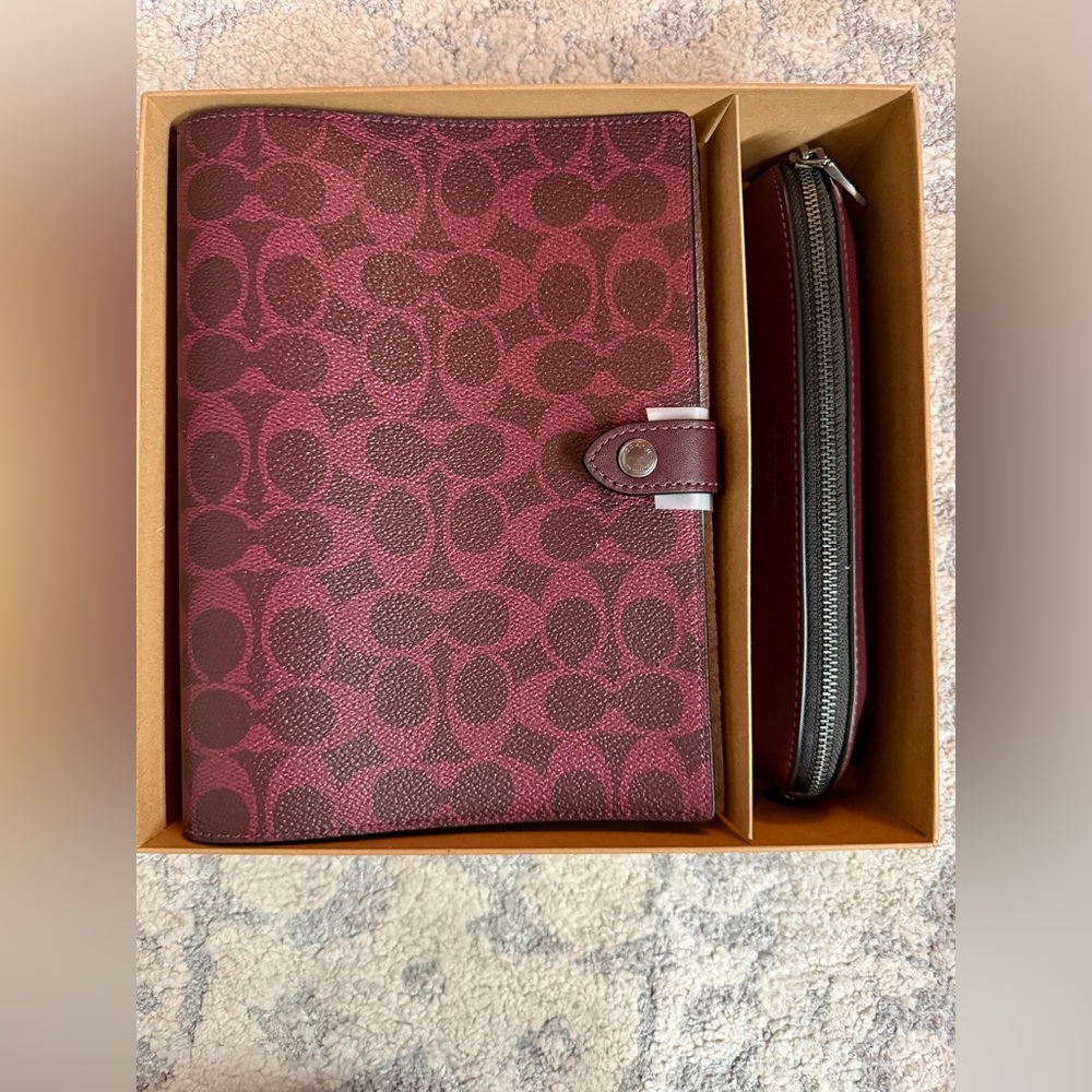 Coach Burgundy and Brown Signature Canvas Planner with Zip Pouch